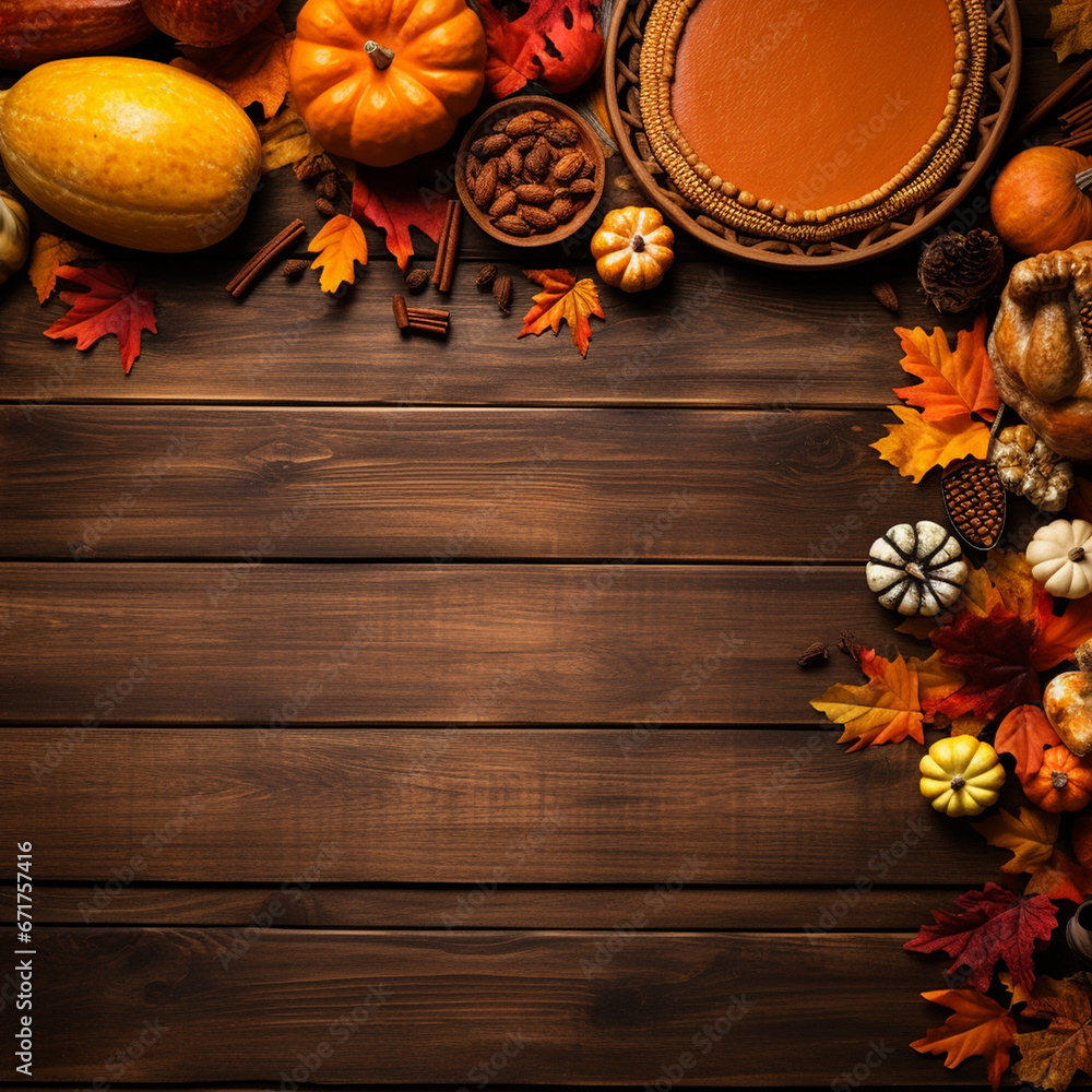 Thanksgiving frame with pumpkins and leaves over a dark rustic wooden background. Autumn composition.