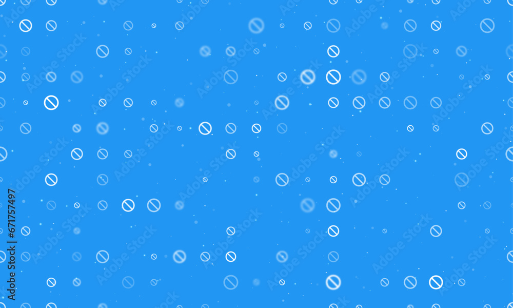 Seamless background pattern of evenly spaced white stop symbols of different sizes and opacity. Vector illustration on blue background with stars