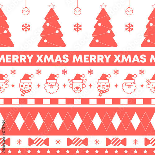 Cute flat character and christmas elements seamless striped pattern background. flat mono color vector.
