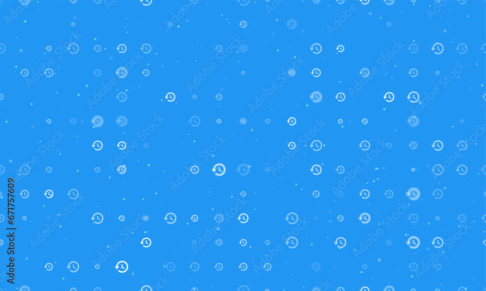 Seamless background pattern of evenly spaced white time back symbols of different sizes and opacity. Vector illustration on blue background with stars