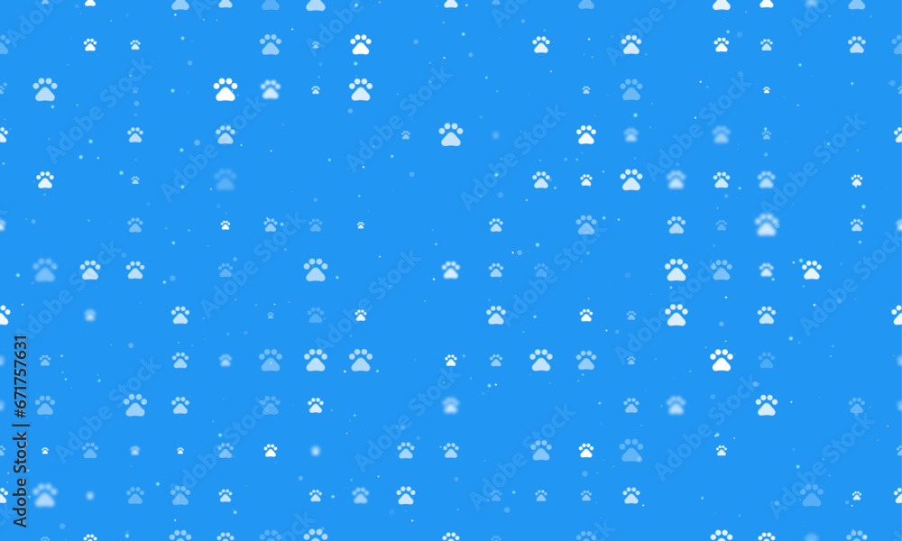 Seamless background pattern of evenly spaced white pet symbols of different sizes and opacity. Vector illustration on blue background with stars
