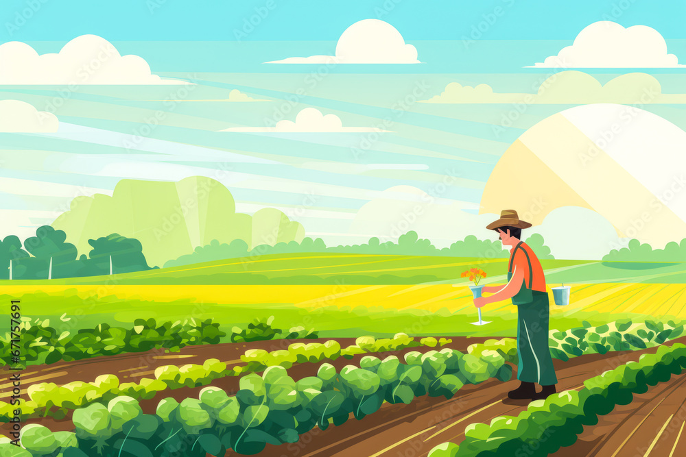 Fototapeta premium Farmer watering vegetable rows under afternoon sun.