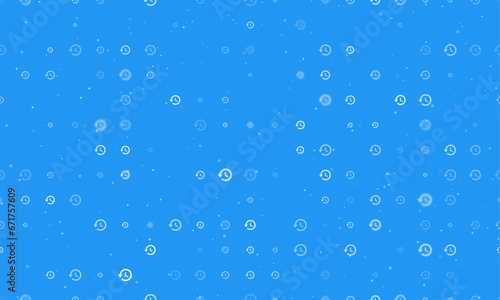 Seamless background pattern of evenly spaced white time back symbols of different sizes and opacity. Vector illustration on blue background with stars