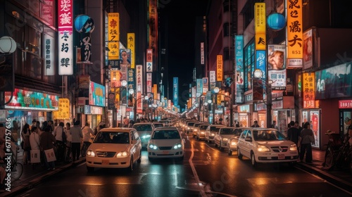 Street at night rush hour, neon signs illuminating the city, busy people with street Photography © SaroStock