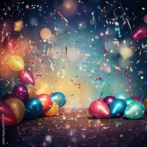 Colorful and festive birthday background with balloons, streamers, and confetti.