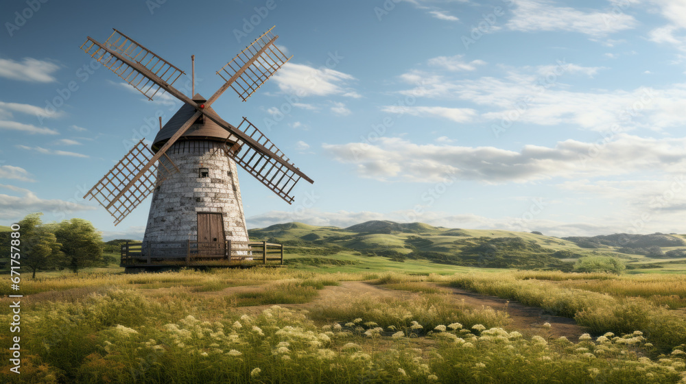 An old-fashioned windmill, standing proud against a backdrop of rolling hills and lush meadows 