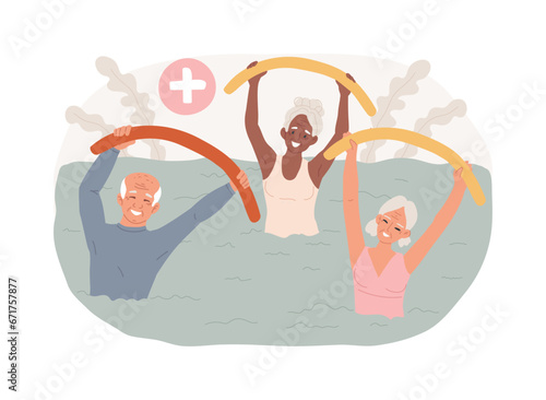 Elder fitness isolated concept vector illustration. Exercise program for seniors, aqua fitness, active lifestyle, health support, fitness program for old people, healthcare vector concept.