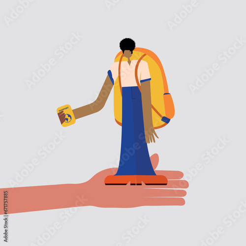 Flat style illustration. Boy with passport to migrate travel