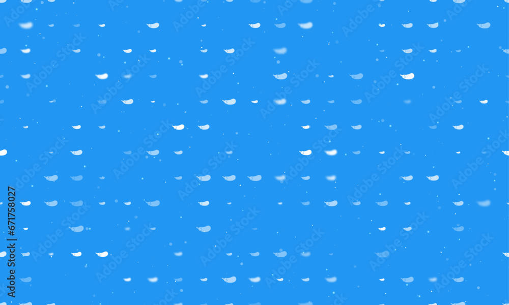 Seamless background pattern of evenly spaced white eggplant symbols of different sizes and opacity. Vector illustration on blue background with stars