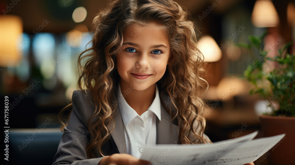 smiling child girl working at desk, generative ai
