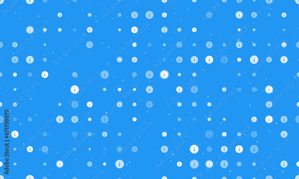 Seamless background pattern of evenly spaced white info symbols of different sizes and opacity. Vector illustration on blue background with stars