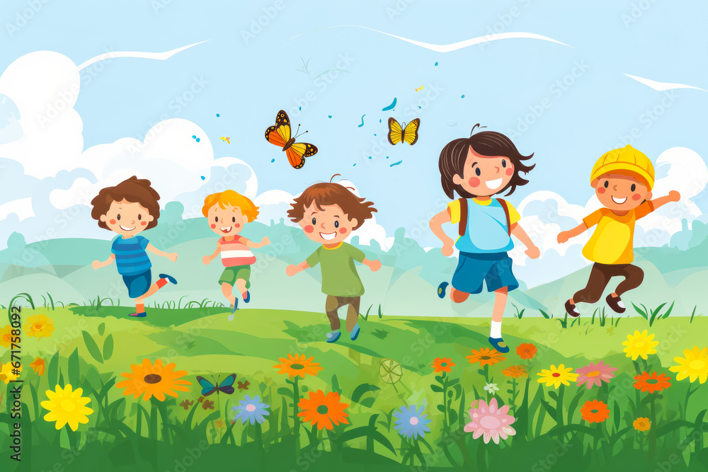 Farm kids chasing butterflies in fields. Farm kids chasing butterflies in fields.