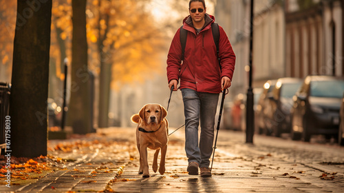 hombre ciego con bastón y su perro labrador de guía  photo