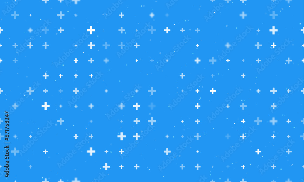 Seamless background pattern of evenly spaced white plus symbols of different sizes and opacity. Vector illustration on blue background with stars