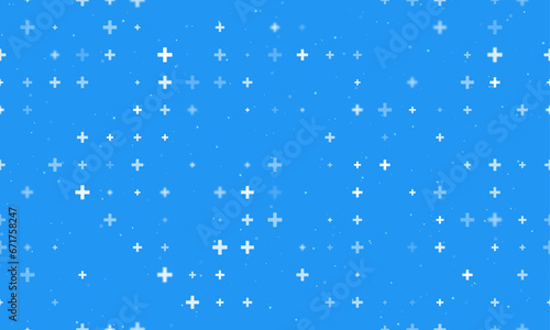 Seamless background pattern of evenly spaced white plus symbols of different sizes and opacity. Vector illustration on blue background with stars