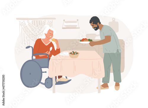 Home help isolated concept vector illustration. Home nursing services, care allowance, family carer, doctor help and support, old patient, serving dinner, senior on wheelchair vector concept.