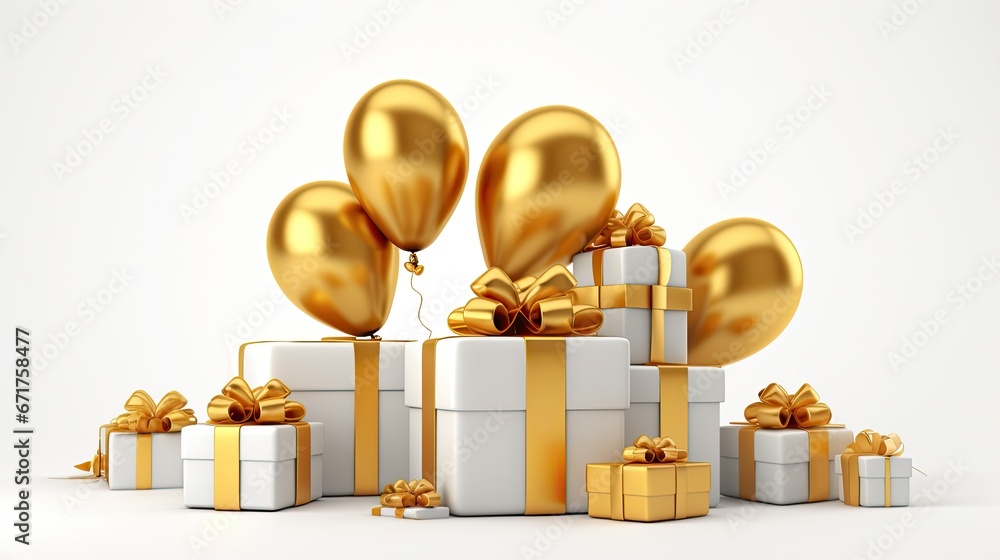 Birthday wish elements with golden realistic balloons and gift box in white background, Golden balloon and confetti background with gift box Birthday wish elements with golden realistic balloons and gift box in white background, Golden balloon and confetti background with gift box