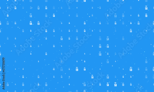 Seamless background pattern of evenly spaced white 5G symbols of different sizes and opacity. Vector illustration on blue background with stars