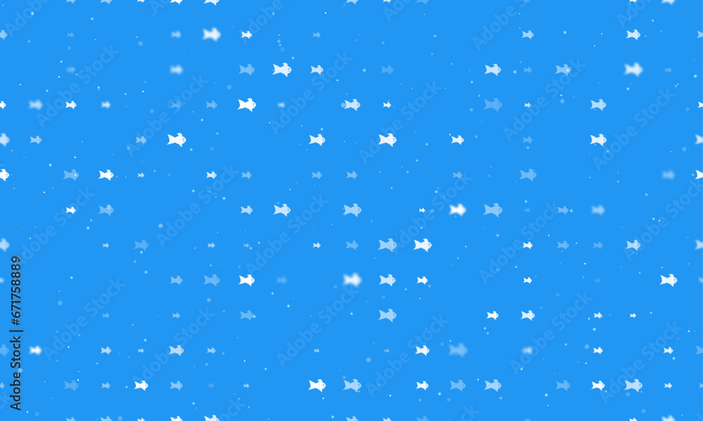 Seamless background pattern of evenly spaced white gold fish symbols of different sizes and opacity. Vector illustration on blue background with stars