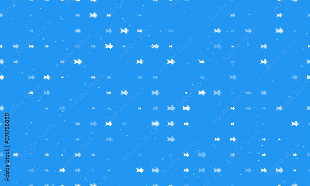 Seamless background pattern of evenly spaced white gold fish symbols of different sizes and opacity. Vector illustration on blue background with stars Seamless background pattern of evenly spaced white gold fish symbols of different sizes and opacity. Vector illustration on blue background with stars