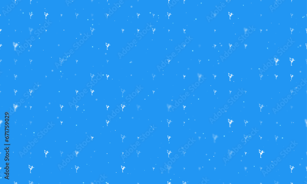 Seamless background pattern of evenly spaced white figure skating symbols of different sizes and opacity. Vector illustration on blue background with stars