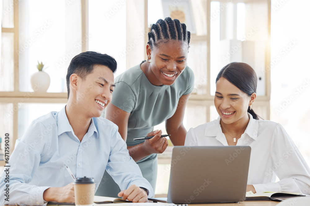 Coaching, teamwork and black woman manager with laptop, businessman and lady at startup going over report online, sharing ideas in a meeting. Young business people, diversity and support in office Coaching, teamwork and black woman manager with laptop, businessman and lady at startup going over report online, sharing ideas in a meeting. Young business people, diversity and support in office
