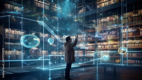 A library replete with hovering bookshelves, voice-activated search systems, and visitors using holographic interfaces.