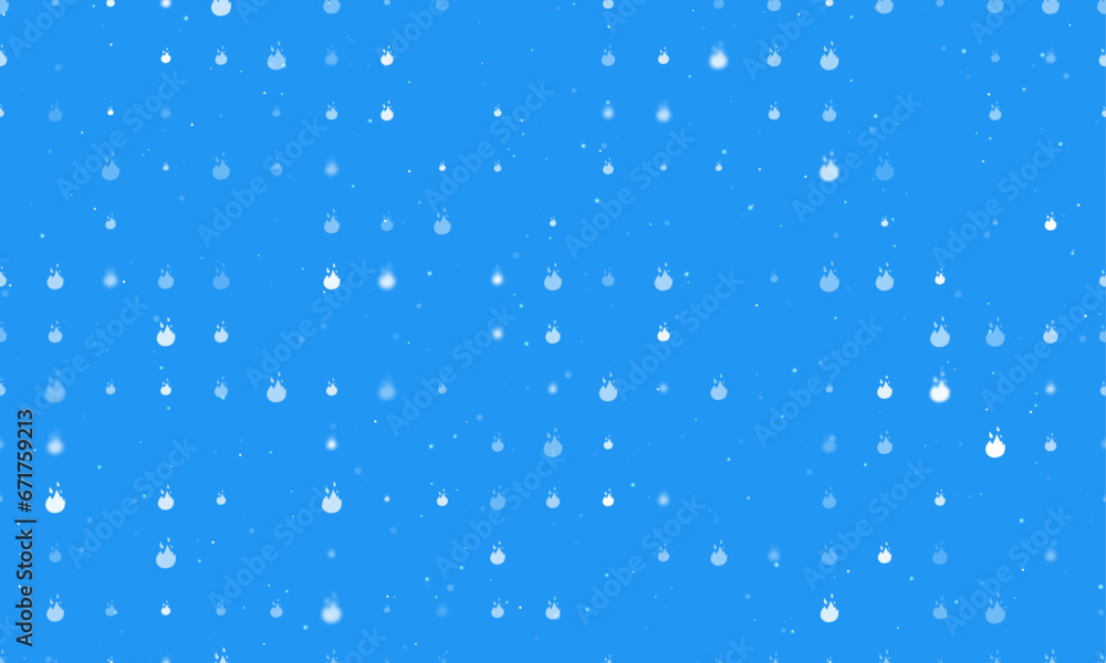 Seamless background pattern of evenly spaced white fire symbols of different sizes and opacity. Vector illustration on blue background with stars Seamless background pattern of evenly spaced white fire symbols of different sizes and opacity. Vector illustration on blue background with stars