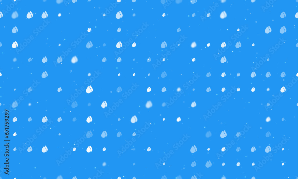 Seamless background pattern of evenly spaced white water drop symbols of different sizes and opacity. Vector illustration on blue background with stars