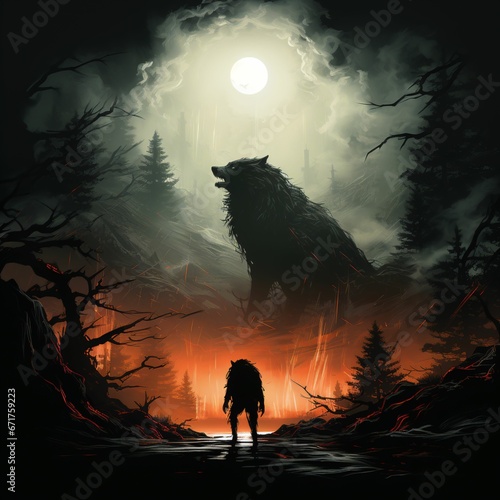 AI generated illustration of an expansive, apocalyptic forest with an werewolf photo