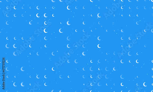 Seamless background pattern of evenly spaced white moon symbols of different sizes and opacity. Vector illustration on blue background with stars