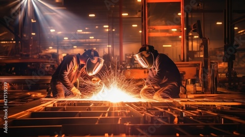 Two Metal welder working with arc welding at Industrial workshop