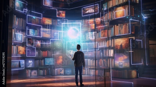A library replete with hovering bookshelves, voice-activated search systems, and visitors using holographic interfaces. photo
