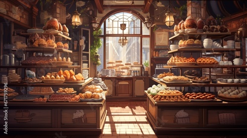 A local bakery suffused with the aroma of fresh bread, showcasing wooden shelves laden with pastries and cakes.