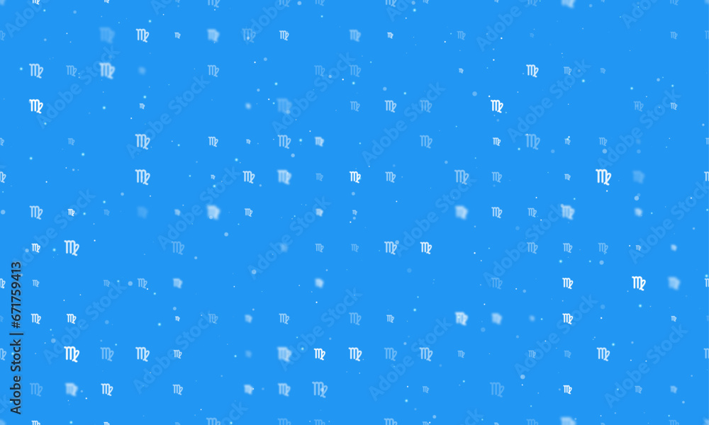 Seamless background pattern of evenly spaced white zodiac virgo symbols of different sizes and opacity. Vector illustration on blue background with stars Seamless background pattern of evenly spaced white zodiac virgo symbols of different sizes and opacity. Vector illustration on blue background with stars