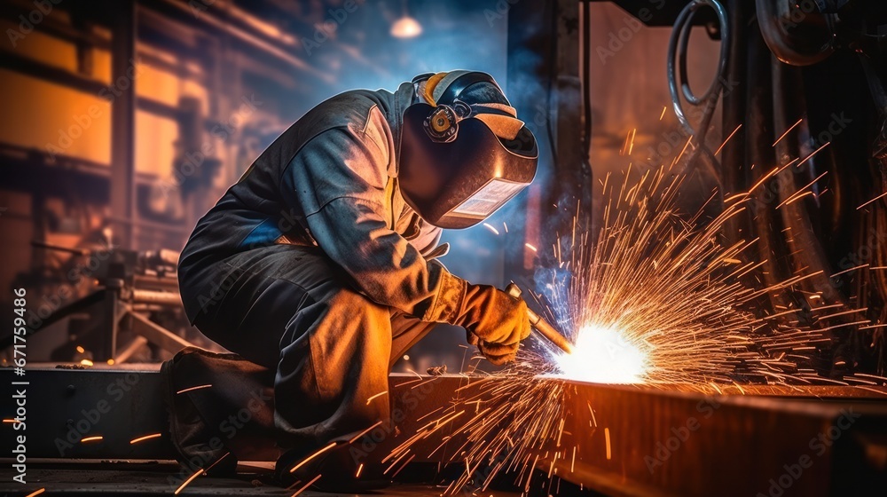 Metal welder working with arc welding at wokshop, Industrial worker is welding steel products in a factory, sparks fly Metal welder working with arc welding at wokshop, Industrial worker is welding steel products in a factory, sparks fly