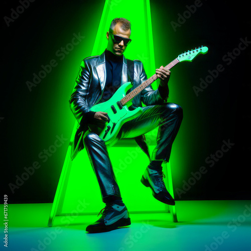 Portrait of a man with a green guitar in neon lights background. A rock musician plays an electric guitar.