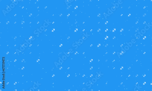 Seamless background pattern of evenly spaced white zodiac sagittarius symbols of different sizes and opacity. Vector illustration on blue background with stars