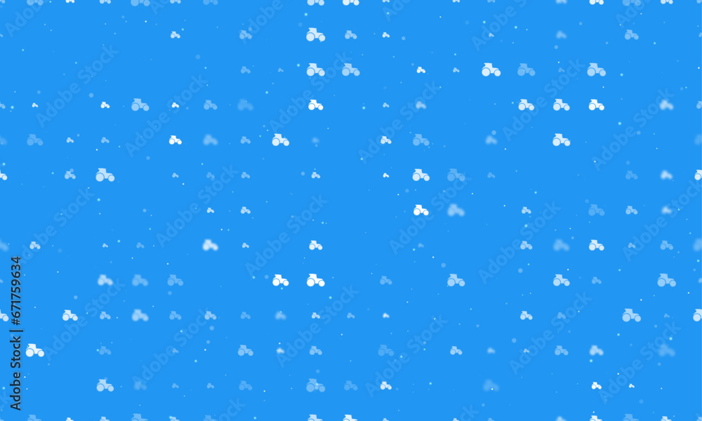 Seamless background pattern of evenly spaced white tractor symbols of different sizes and opacity. Vector illustration on blue background with stars