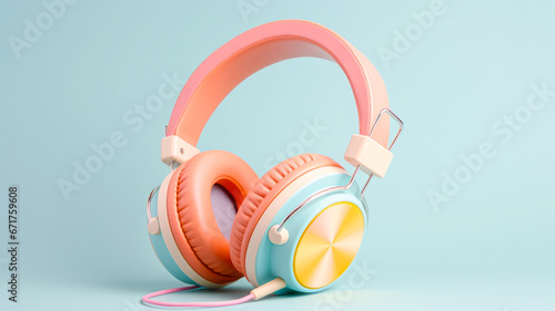 Retro old fashioned headphones on vivid light blue background. Flat lay top down view.