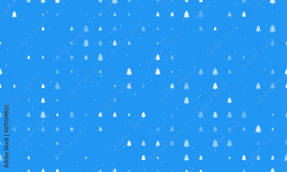 Seamless background pattern of evenly spaced white fir-tree symbols of different sizes and opacity. Vector illustration on blue background with stars Seamless background pattern of evenly spaced white fir-tree symbols of different sizes and opacity. Vector illustration on blue background with stars