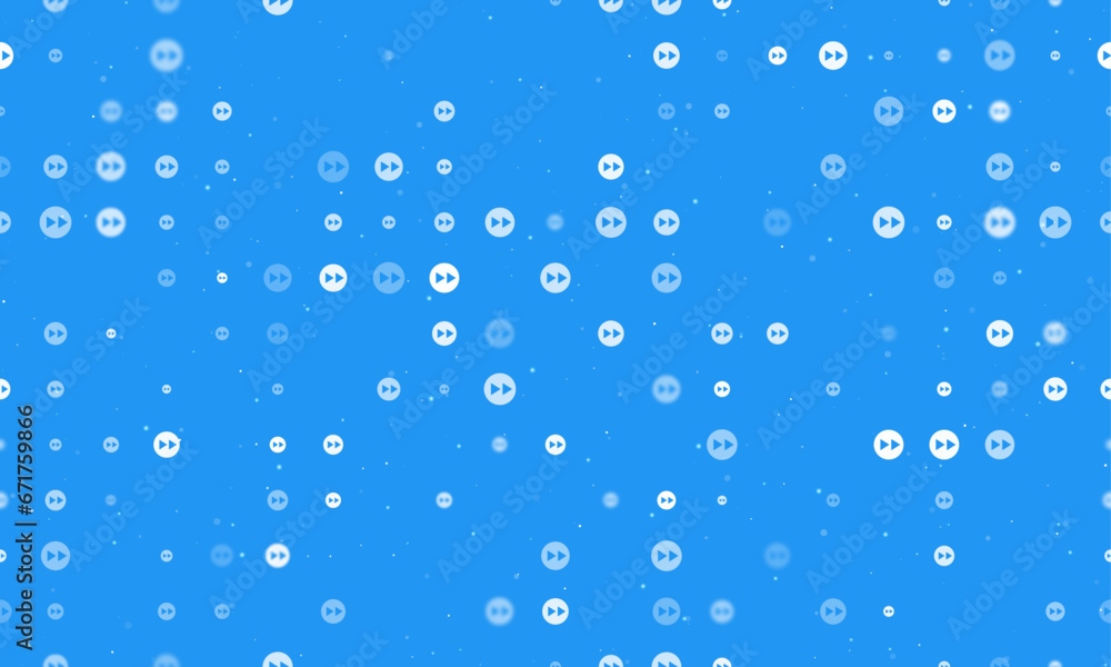 Seamless background pattern of evenly spaced white fast forward symbols of different sizes and opacity. Vector illustration on blue background with stars