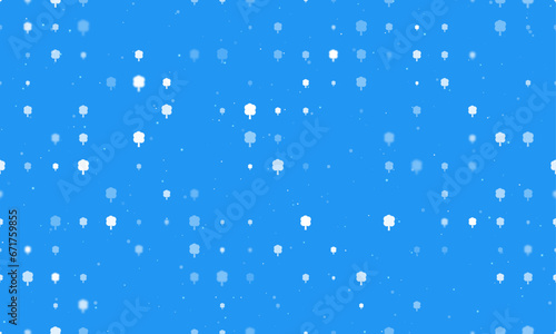 Seamless background pattern of evenly spaced white tree symbols of different sizes and opacity. Vector illustration on blue background with stars