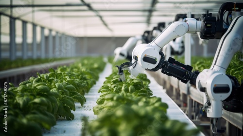 Robot arm harvesting plants at Smart farm, Autonomous farming with robotic harvesting and 5G connectivity. farmers in agriculture of the future, automation.