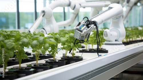 Robot arm growing plants laboratory, Smart robotic arms in  greenhouses. Autonomous farming with robotic harvesting 
