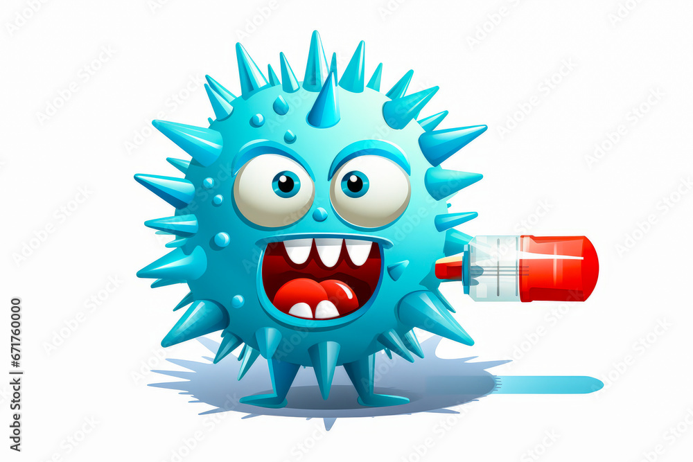 Frightened virus character terrorized by vaccine syringe.