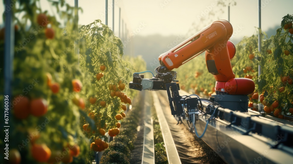 Robot arm harvesting plants at Smart farm, Autonomous farming with robotic harvesting and 5G connectivity. farmers in agriculture of the future, automation. Robot arm harvesting plants at Smart farm, Autonomous farming with robotic harvesting and 5G connectivity. farmers in agriculture of the future, automation.