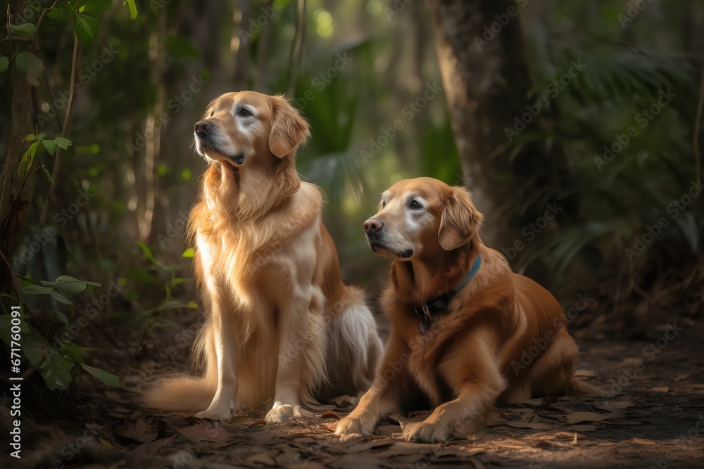 golden retriever dog in a forest. Generative AI. golden retriever dog in a forest. Generative AI.