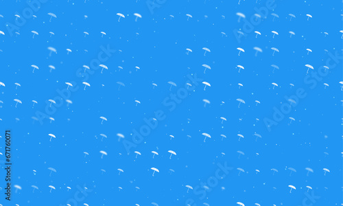 Seamless background pattern of evenly spaced white umbrella symbols of different sizes and opacity. Vector illustration on blue background with stars