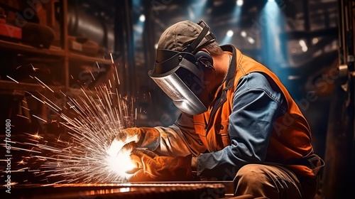 Metal welder working with arc welding at wokshop, Industrial worker is welding steel products in a factory, sparks fly photo